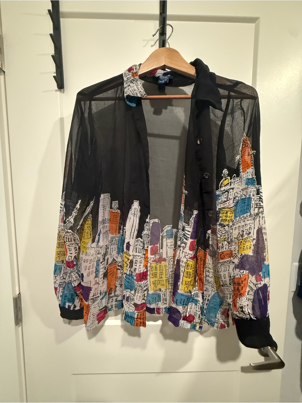 Sheer Black City-Print Button Front Jacket